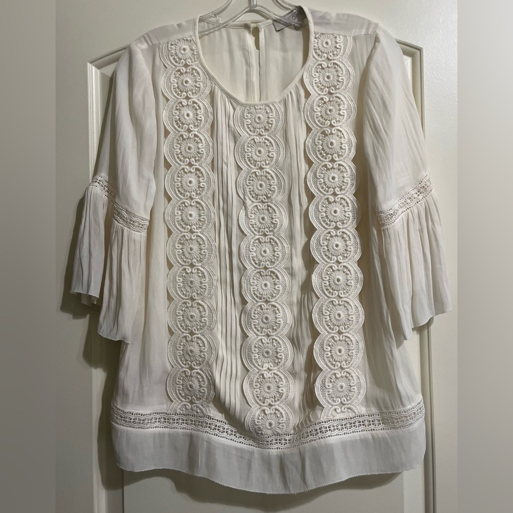 LOFT White Embroidered Pheasant Blouse Boho Semi Sheer Top 3/4 Flutter Sleeves S
